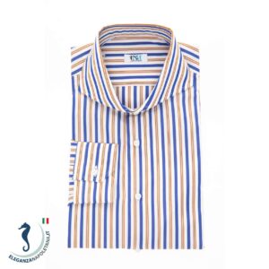 Camicia-Uomo-Sartoriale-Cotone-Righe-Blu-Giallo-Collo-Francese