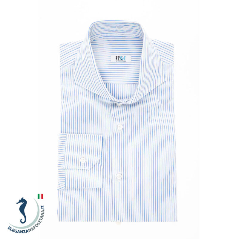 Camicia-Uomo-Sartoriale-Cotone-Righe-Blu-Verdi-Collo-Francese