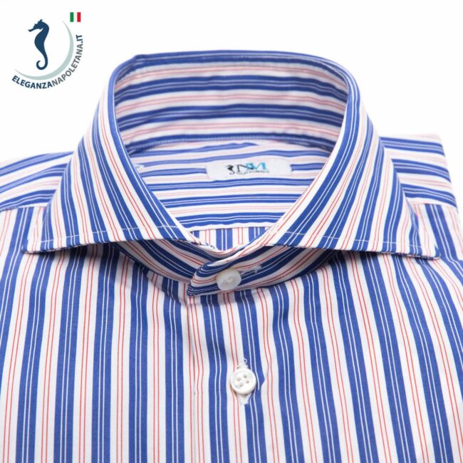 Camicia-Uomo-Sartoriale-Cotone-Righe-Blu-Ocra-Collo-Francese